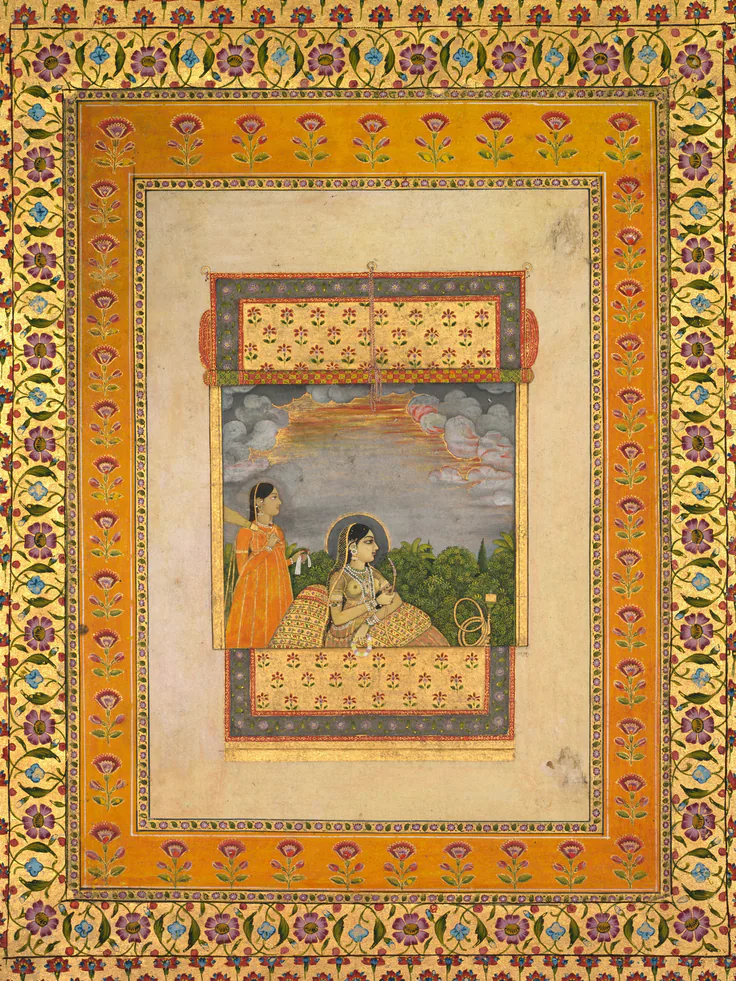 Princess and attendant in trompe l’oeil window: gum tempera, ink, and gold on paper by Aqil Khan, c. 1765.