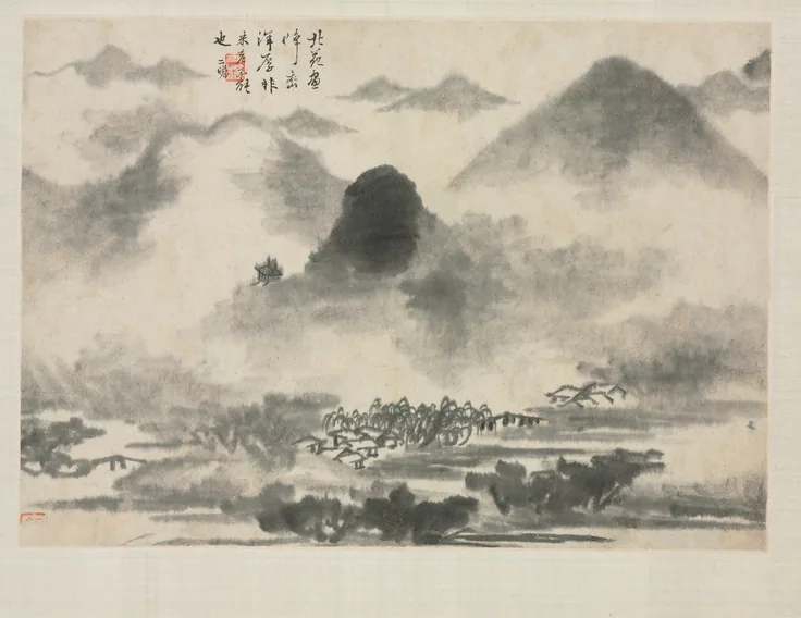 Landscape Album in Various Styles: Landscape after Mi Fei: album leaf, ink and light color on paper by Zha Shibiao, 1684.