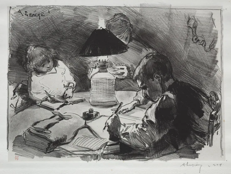 A family sits close around a glowing oil lamp, heads bent over books and sewing; loose black lithographic washes.