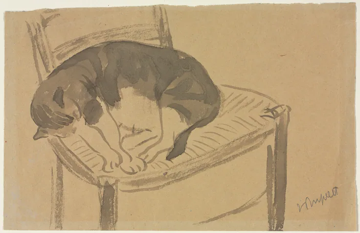A cat curled asleep on a rush-seat chair, sketched in quick grey brush washes on tan paper.