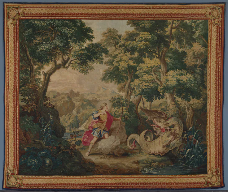 Apollo and the Serpent Python (from Set of Ovid's Metamorphoses): tapestry weave by Gobelins Manufactory, 1700–1730.