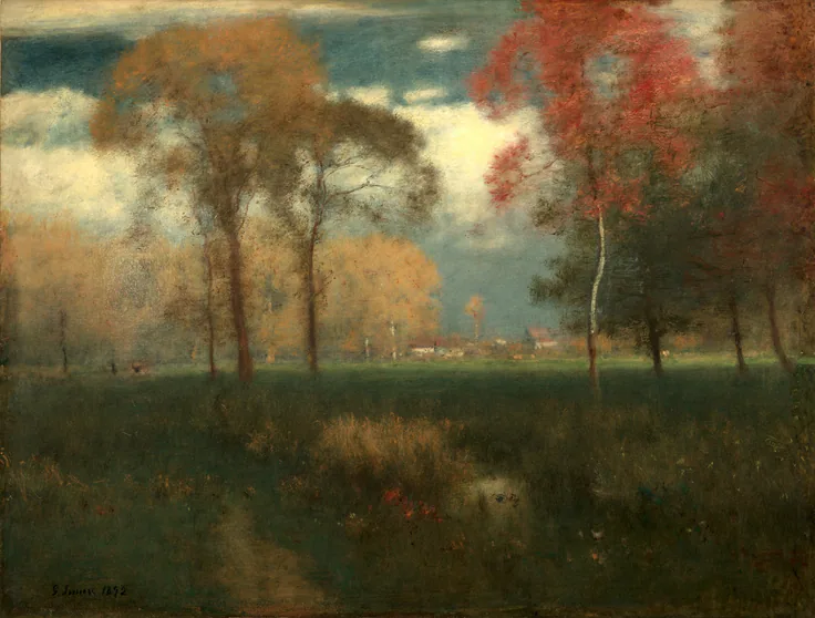 Red and gold trees in a green meadow under a stormy blue-grey sky; warm late-afternoon light on distant farm buildings, hazy loose brushwork.