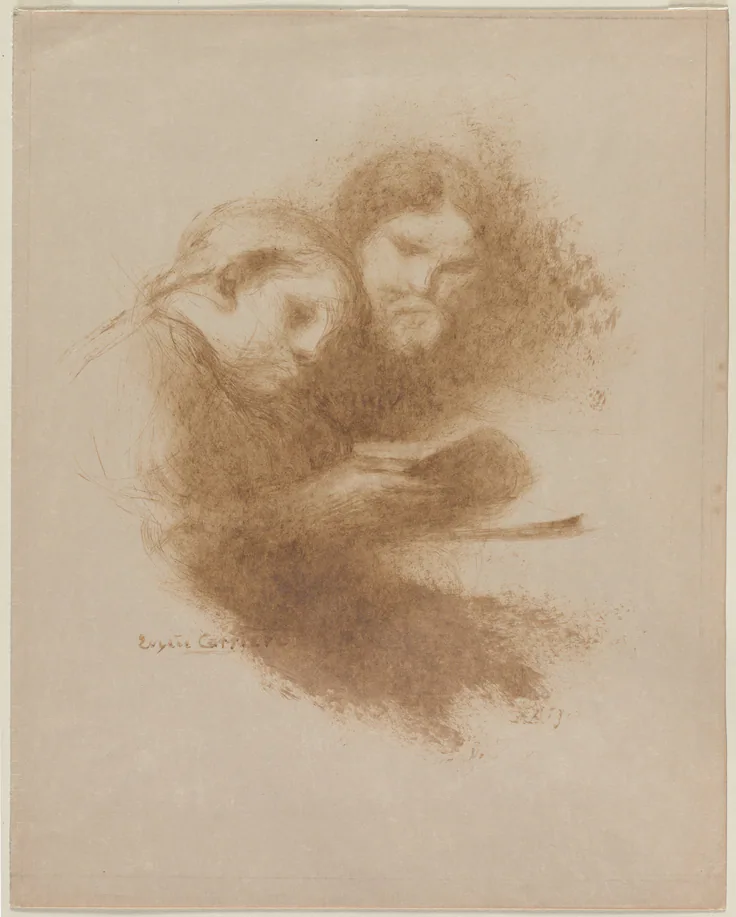 Reading: brush and brown ink by Eugène Carrière, c. 1875–1900.