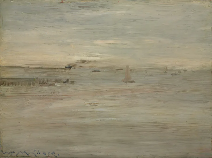 A hazy, near-monochrome sea under a pale grey sky; faint sails and a low strip of shore in soft brushwork.