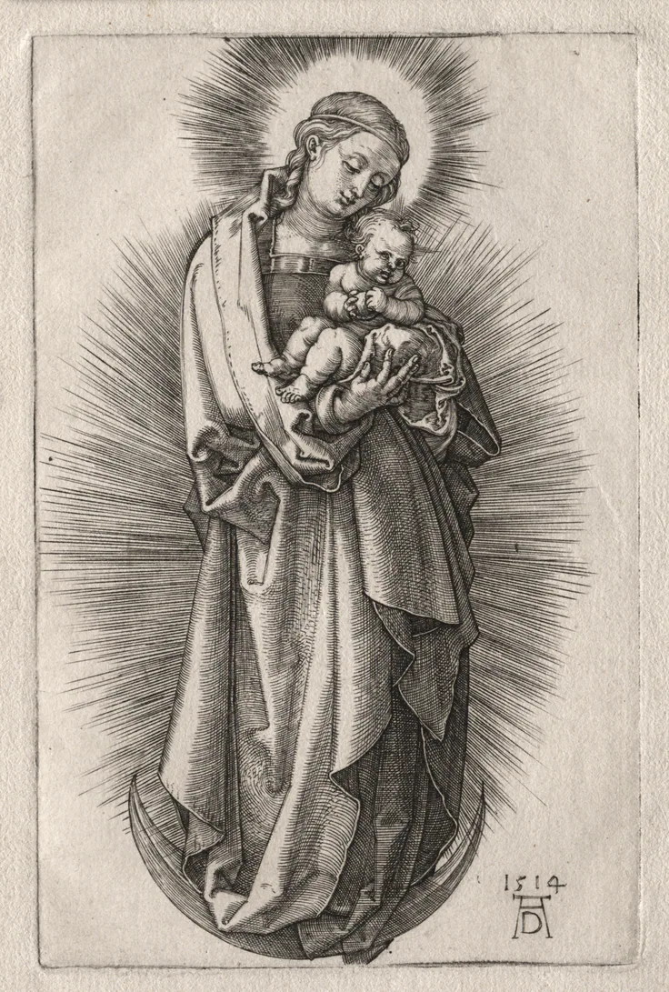 The Virgin with Hairband on a Crescent Moon: engraving by Albrecht Dürer, 1508.