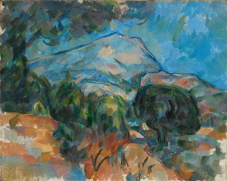 The mountain built from blue and violet planes above patchwork ochre fields and dark green trees; blocky, faceted strokes.