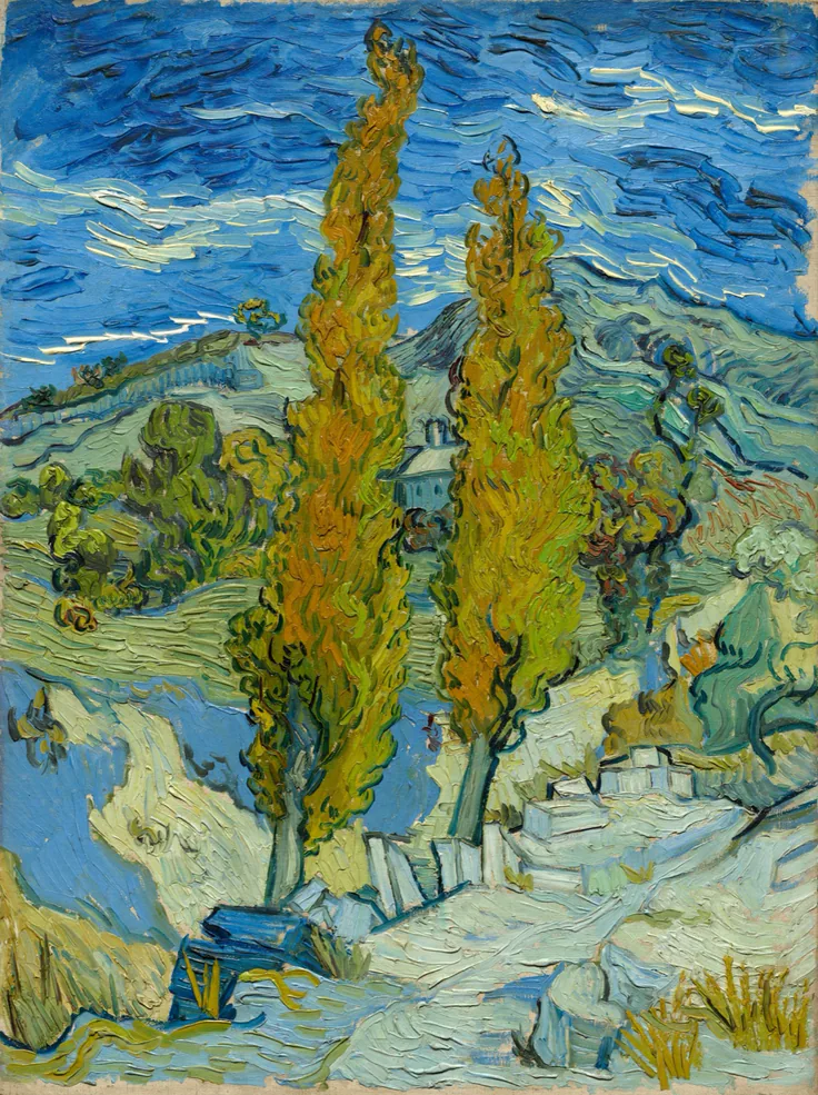 Two flame-like yellow poplars rise against swirling blue hills and sky; thick, rhythmic brushstrokes.