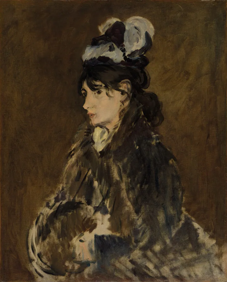 A woman in a dark hat with feathers and a fur muff turns her head aside; loose brown and black strokes.