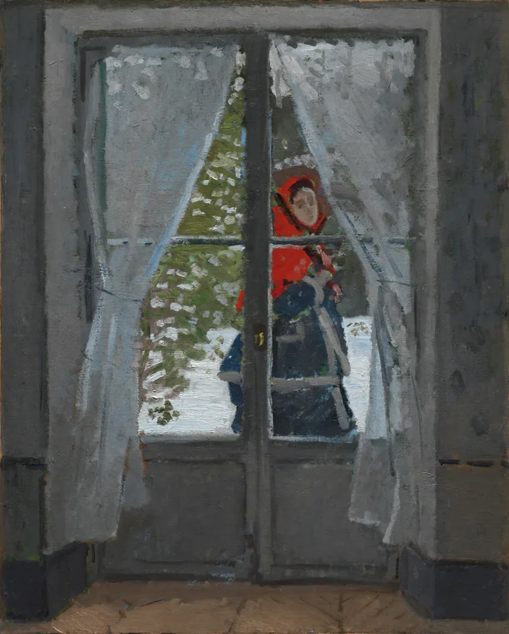 Through french windows and lace curtains, a woman in a red hood passes in the snowy garden; cool greys with one flash of red.