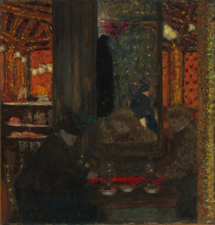 Patrons in dark coats sit in a café glowing red and orange, patterned walls and lamps in dense, dabbed color.