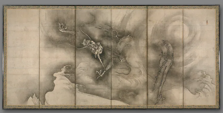 Dragon and Tiger: one of a pair of six-panel folding screens; ink on paper by Sesson Shūkei, c. 1546–56.