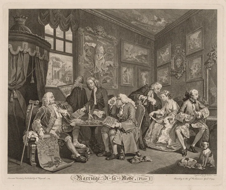 The Marriage Settlement, Plate 1: etching and engraving by Gérard Jean-Baptiste Scotin II, 1745.