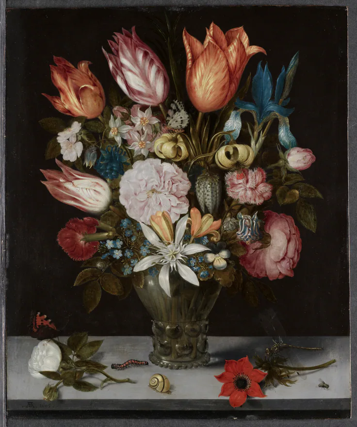 Flowers in a Glass: oil on copper by Ambrosius Bosschaert, 1606.