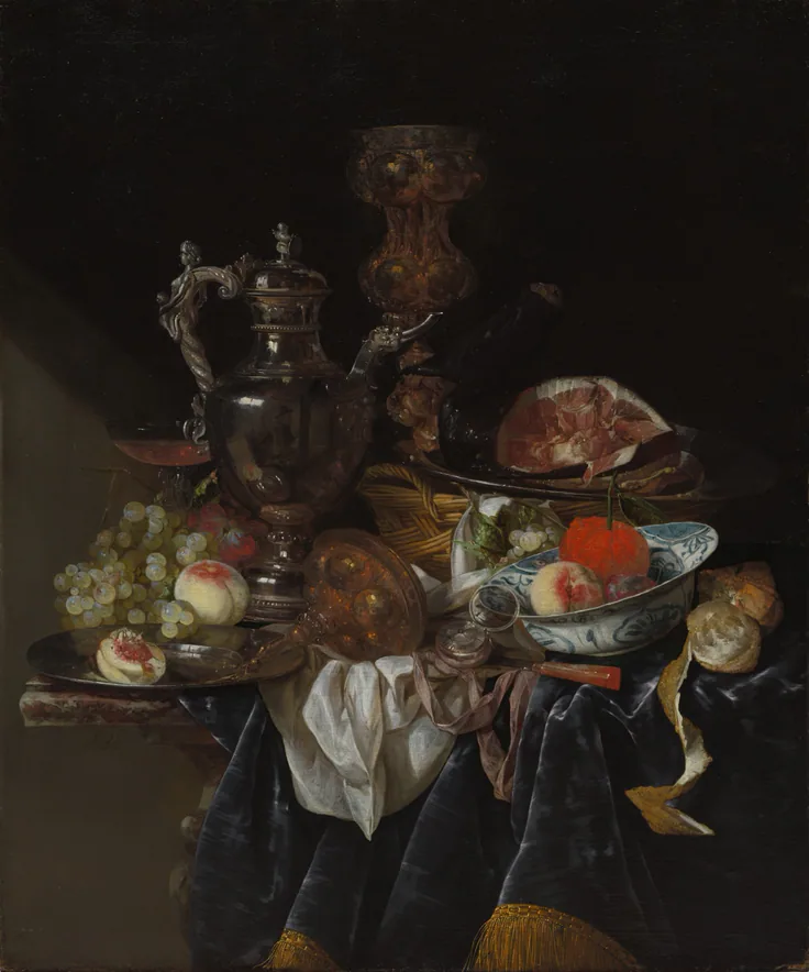 A tall silver jug, gilt cup, ham and peaches heaped on a velvet-draped table against a black background.