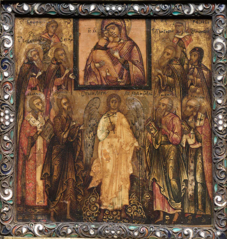 Portable Triptych Icon: Adoration of the Miracle-Working Icon of the Vladimir Mother of God: painted wood panel within enameled brass frame, 1600s.