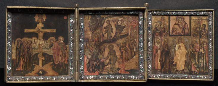 Portable Triptych Icon: painted wood panel within enameled brass frame, 1600s.