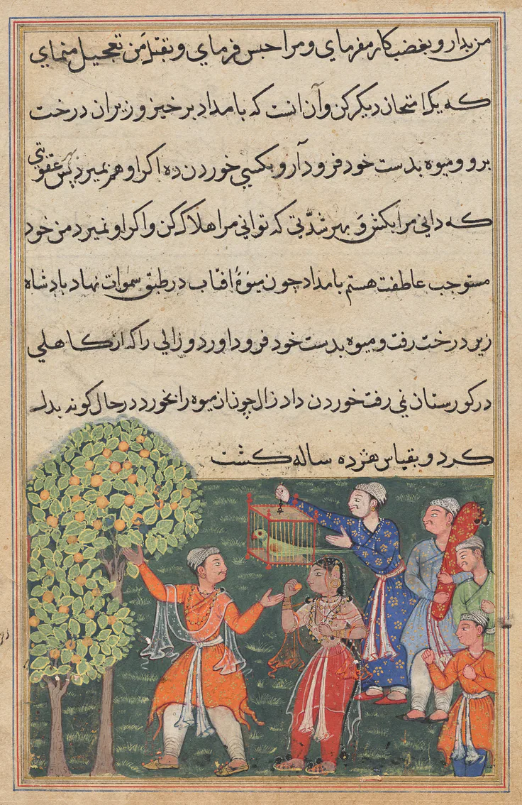 The king plucks fruit from the Tree of Life with his own hands and feeds it to a lady, from a Tuti-nama (Tales of a Parrot): Ninth Night: gum tempera, ink, and gold on paper by Suraju, c. 1560.