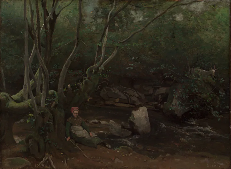 Lormes: Goat-Girl Sitting Beside a Stream in a Forest: oil on fabric by Jean Baptiste Camille Corot, 1842.