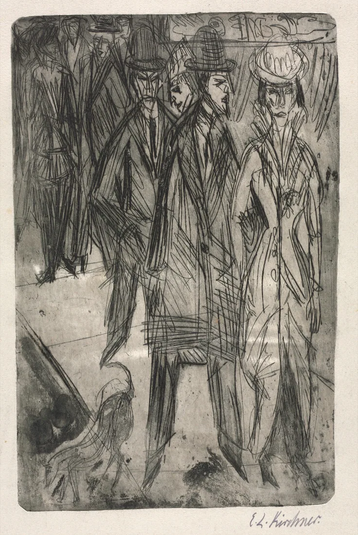 Elongated figures in hats walk a city street, scratched in fast, nervous etched lines.