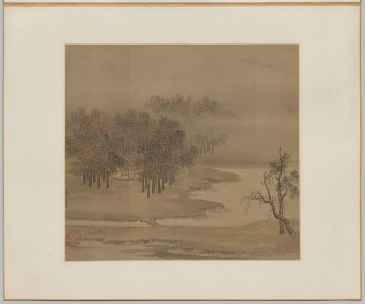 Cottages in a Misty Grove in Autumn: album leaf; ink and color on silk by Li Anzhong, 1117.