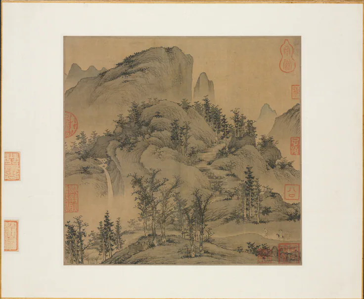 Travelers in Autumn Mountains: album leaf; ink and slight color on silk by Sheng Mou, 1300–50.
