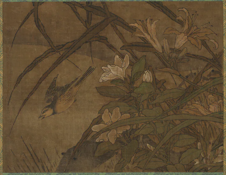 Birds and Flowers: hanging scroll from a triptych; ink and color on silk by Sesshū Tōyō, mid-1400s-early 1500s.