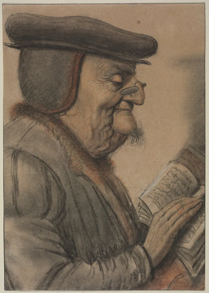Elderly Man Reading a Book: drawing by Nicolas Lagneau, first half 1600s.