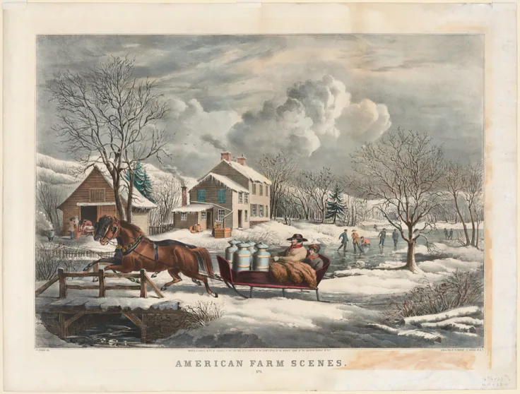A snowy farm: a horse-drawn sleigh with milk cans, skaters on a pond and a farmhouse under a cloudy sky; printed title below.
