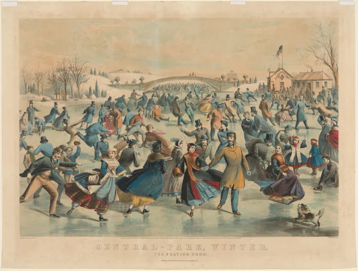 Crowds skate on a frozen pond in Central Park, a bridge and flag behind, ladies in full skirts; pale blue ice. Printed title below.