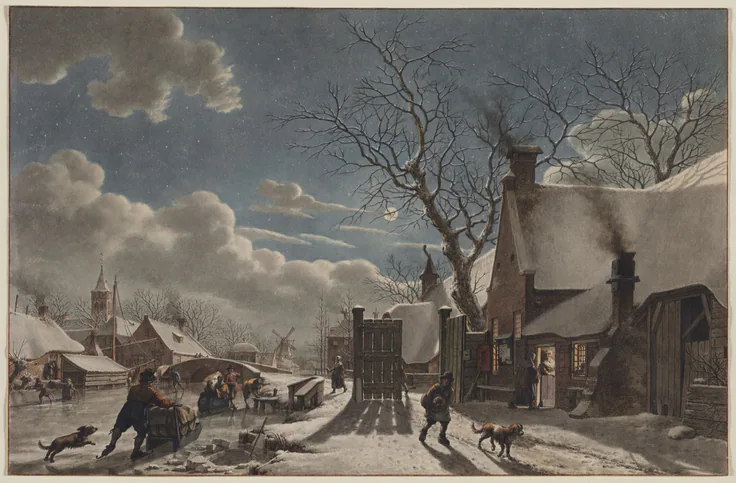 Moonlight over a snowy Dutch street: smoking chimneys, bare trees, a sledge and dogs on the ice, a warm lit doorway.