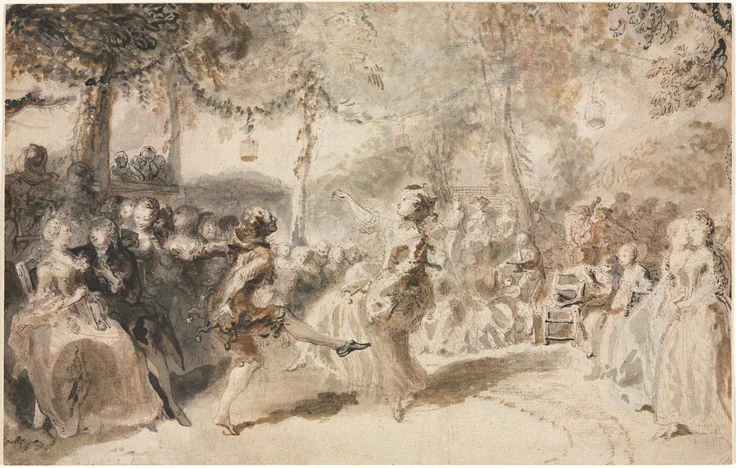 Costumed Dancers Performing in a Garden Tavern: drawing by Gabriel de Saint-Aubin, 1756.