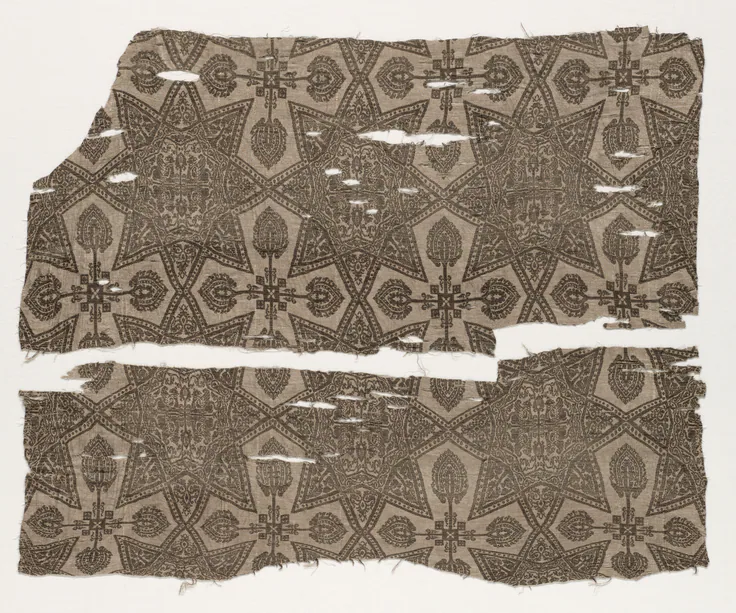 Fragments with Eight-Pointed Star (Two Pieces): silk: compound weave, before 1966.