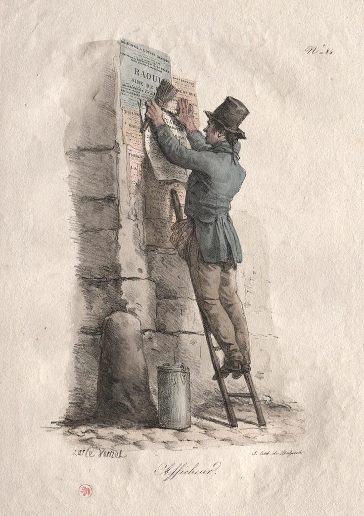 Bill Poster: lithograph, hand colored by Carle Vernet, c. 1780–1836.