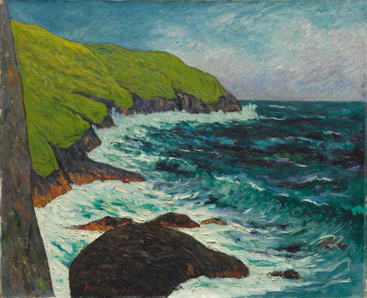 Turquoise surf churns against rocky cliffs topped with acid-green grass; thick, energetic strokes.