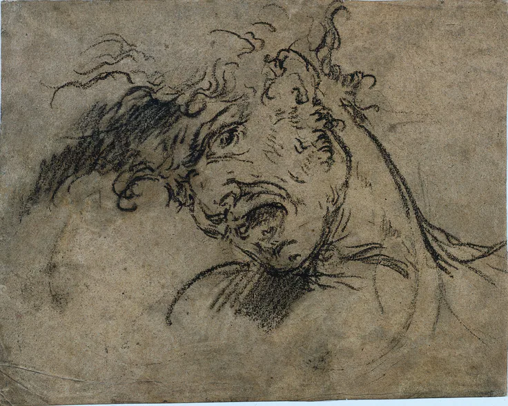 Head of a Screaming Man (recto): black crayon by Benjamin West, 1792.
