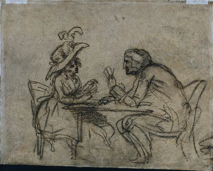 Woman and Man Playing Cards (verso): black crayon by Benjamin West, 1792.