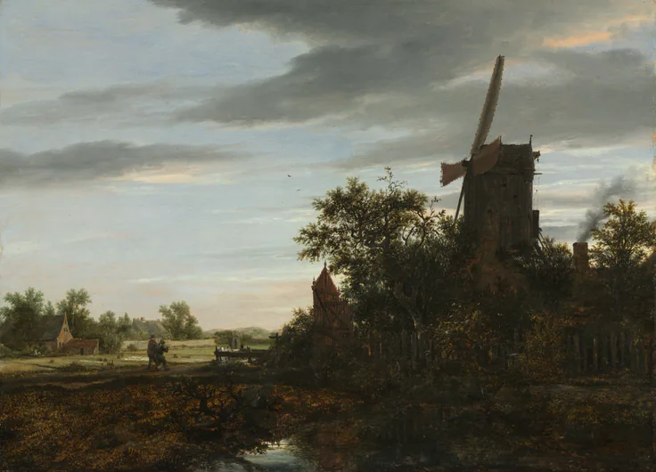 A dark windmill and trees silhouetted against a broad cloudy sky over flat Dutch fields and a still pool.