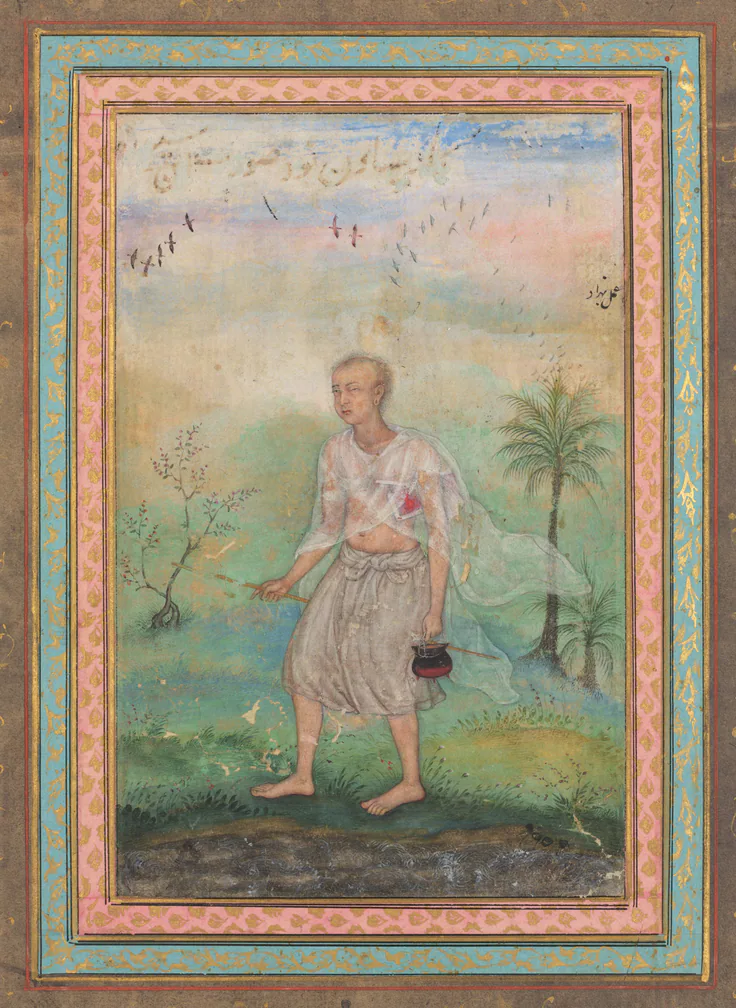 Jain Ascetic Walking Along a Riverbank: gum tempera, ink, and gold on paper by Basavana, c. 1600.
