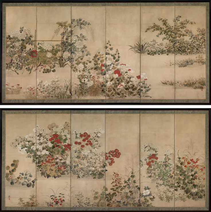 Flowers and Grasses: pair of six-panel folding screens; ink and color on paper by Kitagawa Sōsetsu, mid-1600s.