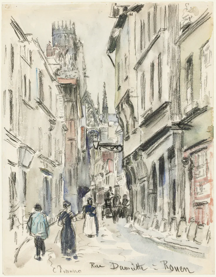 Rue Damiette, Rouen: black chalk and watercolor on wove paper by Camille Pissarro, c. 1884.