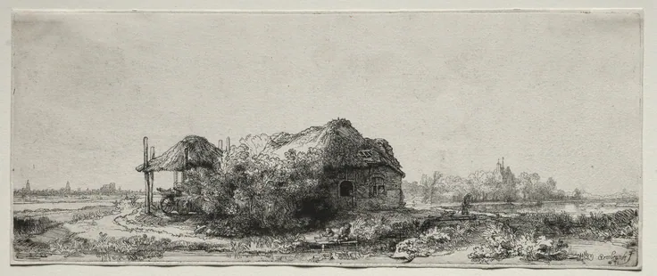 Landscape with a Cottage and Hay Barn: Oblong: etching and drypoint by Rembrandt van Rijn, 1641.