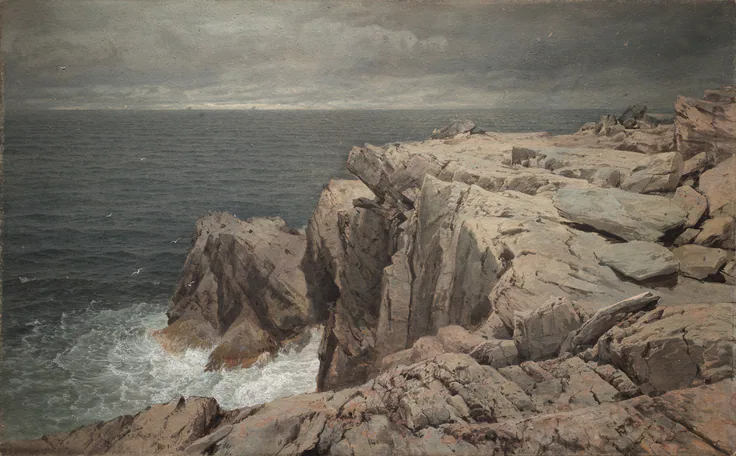 Cormorant Cliff, Jamestown, Rhode Island: watercolor and gouache by William Trost Richards, 1877.