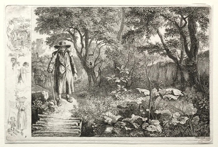 Old Man Before the Log Bridge: etching by Johann Christoph Erhard, 1819.