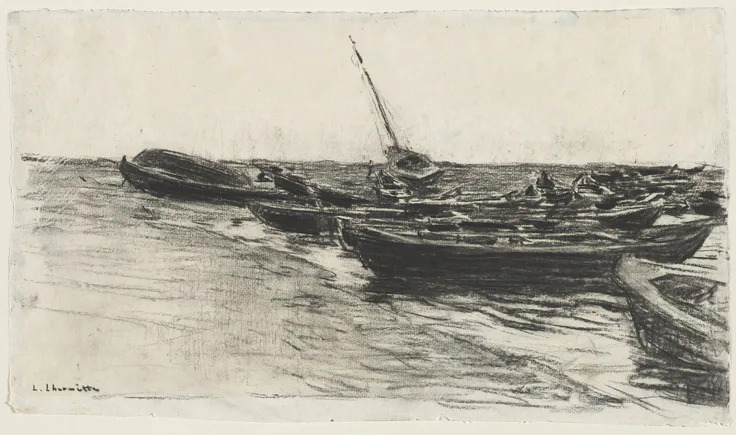 Fishing Boats on the Beach at Étretat: charcoal (stumped) by Léon Augustin Lhermitte, August 1865.