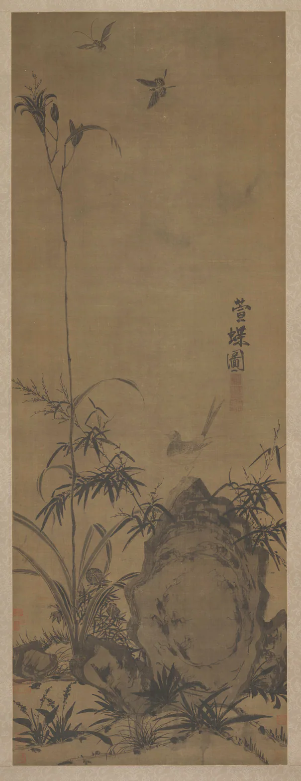 Lily and Butterflies: hanging scroll; ink on silk by Liu Shanshou, 1300s.