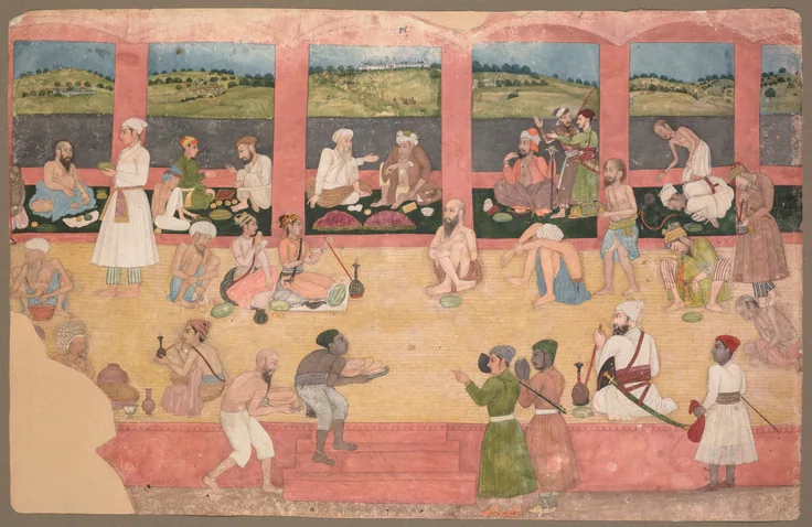 Opium Smokers Served Fruit and Bread: gum tempera and gold on paper, c. 1750.