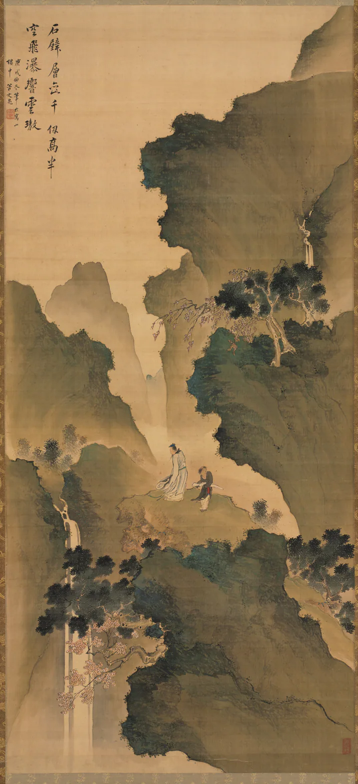 Gazing at a Waterfall: hanging scroll; ink and color on silk by Tani Bunchō, 1790.