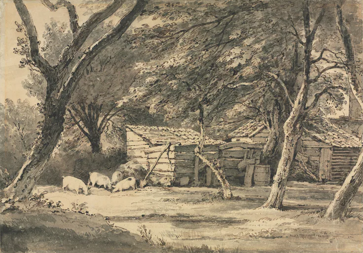Farm with Pigs Foraging: wash and graphite on paper by Henry Edridge, c. 1789–1821.