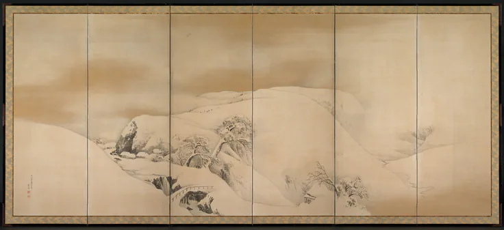 Winter Day: six-panel folding screen, ink, gold, and silver on paper by Maruyama Ōkyo, 1784.
