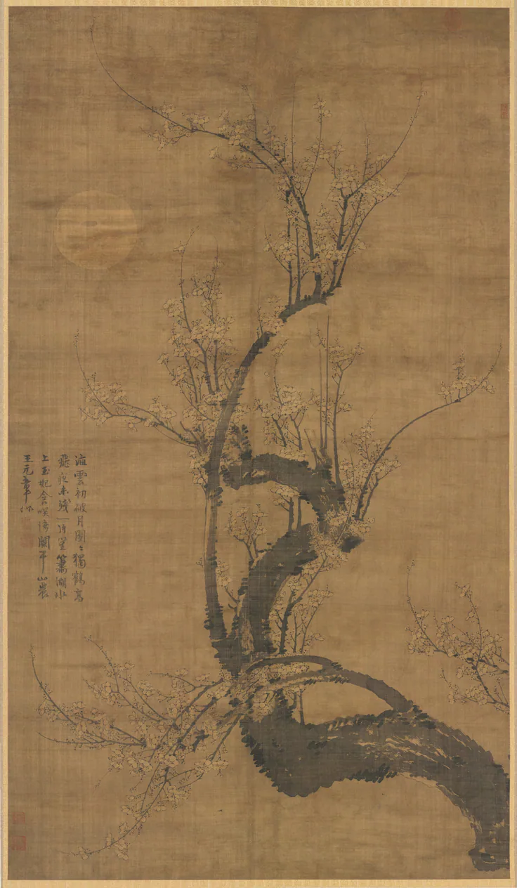 A Prunus in the Moonlight: hanging scroll; ink on silk by Wang Mian, 1300s.